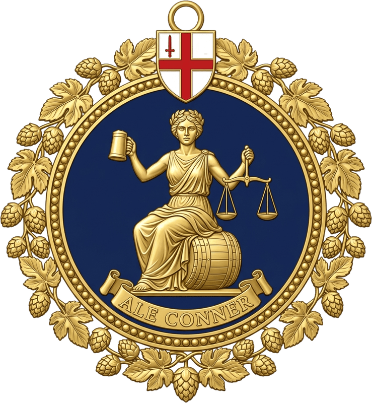 The Ale-Conner&rsquo;s badge of office: a gold medallion of Themis, goddess of justice, seated on a cask, raising a tankard in her right hand and the scales of justice in her left, ringed by hop vines beneath the arms of the City of London.