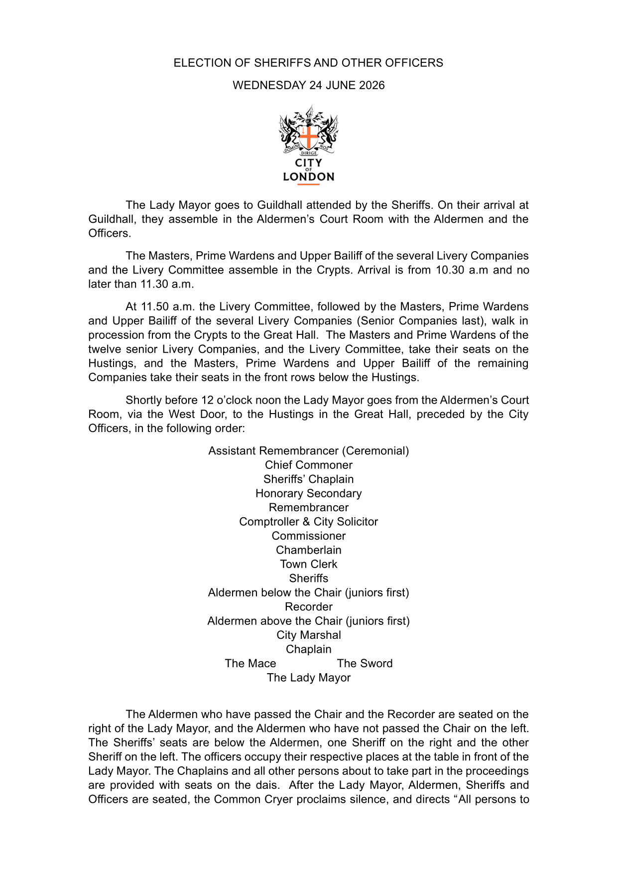 Common Hall ceremonial, page 2 of 5: order of proceedings