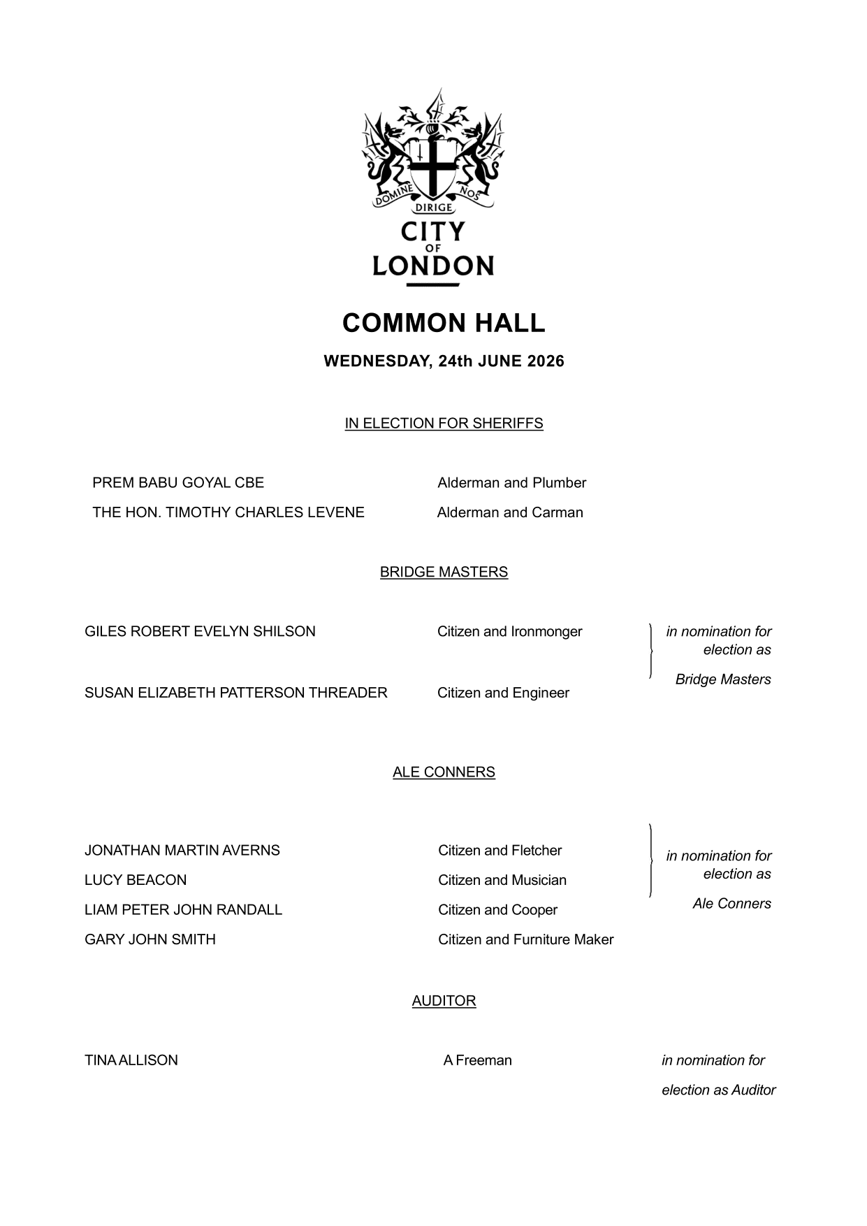 Common Hall ceremonial, page 4 of 5: those in nomination