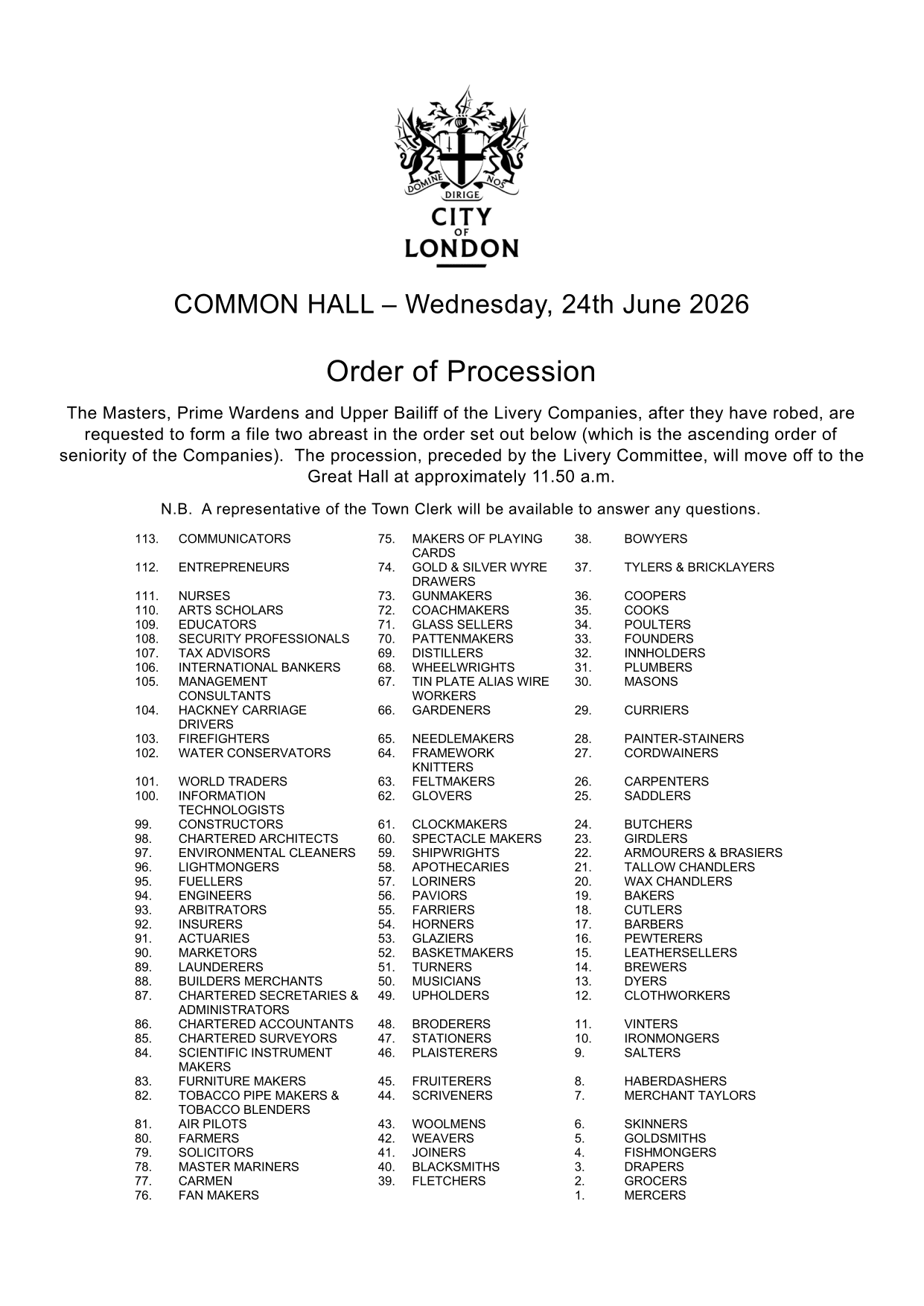 Common Hall ceremonial, page 5 of 5: order of procession